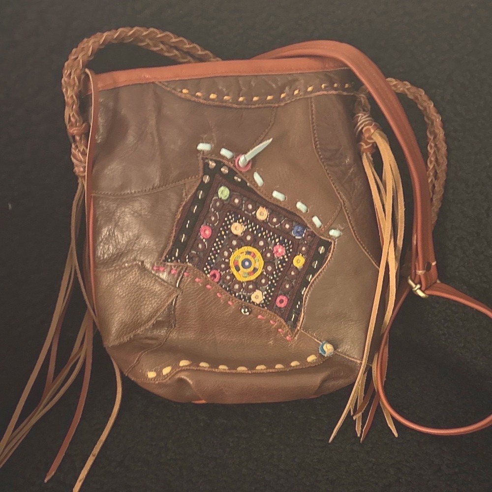 Boho Leather Patchwork Fringe Crossbody Bucket Bag Brown Embroidered Festival